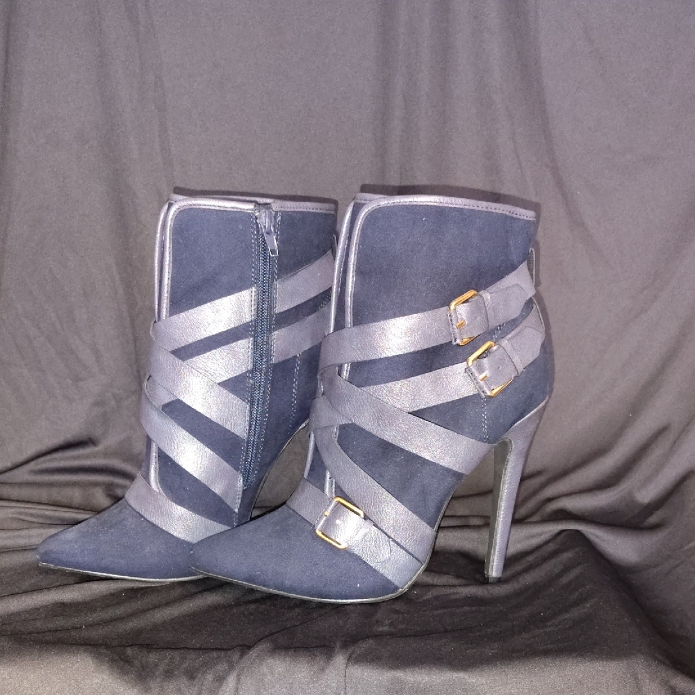 Blue and Gray Heeled Boots with Modern Design